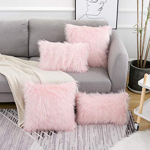 WLNUI Set of 2 Pink Fluffy Pillow Covers New Luxury Series Merino Style Blush Faux Fur Decorative Throw Pillow Covers Square Fuzzy Cushion Case 18x18 Inch