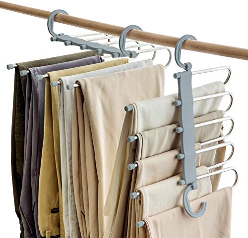 SOSOPIN 2 Pack Pants Hangers Space Saving Non-Slip Clothes Organizer 5 Layered Pants Rack for Scarf Jeans (Grey, 6 Pcs)