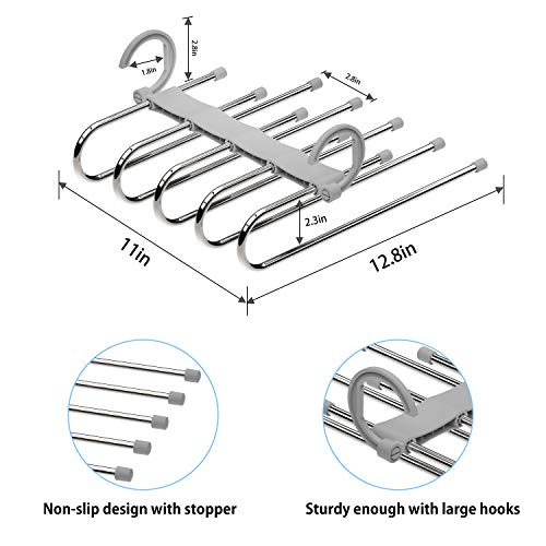 SOSOPIN 2 Pack Pants Hangers Space Saving Non-Slip Clothes Organizer 5 Layered Pants Rack for Scarf Jeans (Grey, 6 Pcs)