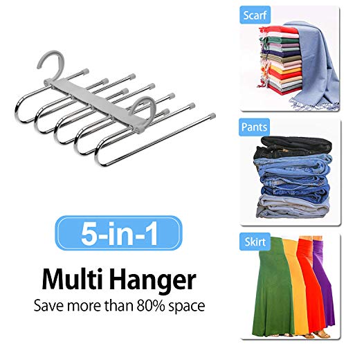 SOSOPIN 2 Pack Pants Hangers Space Saving Non-Slip Clothes Organizer 5 Layered Pants Rack for Scarf Jeans (Grey, 6 Pcs)
