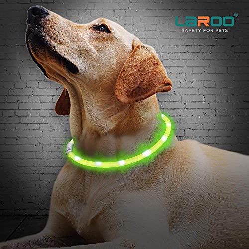 LaRoo LED Light Up Dog Collar, Cutable Silicon USB Rechargeable Glow Light Collar for All Dogs, Waterproof 3-Modes Flashing Dog Collar for Dark Outdoor Training Playing (27.5 inch/70cm)