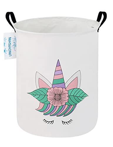 LANGYASHAN Laundry Basket Canvas Fabric Collapsible Organizer Basket for Storage Bin Toy Bins Gift Baskets Bedroom Clothes Children Nursery Hamper (Leaf Unicorn)