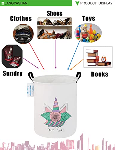 LANGYASHAN Laundry Basket Canvas Fabric Collapsible Organizer Basket for Storage Bin Toy Bins Gift Baskets Bedroom Clothes Children Nursery Hamper (Leaf Unicorn)