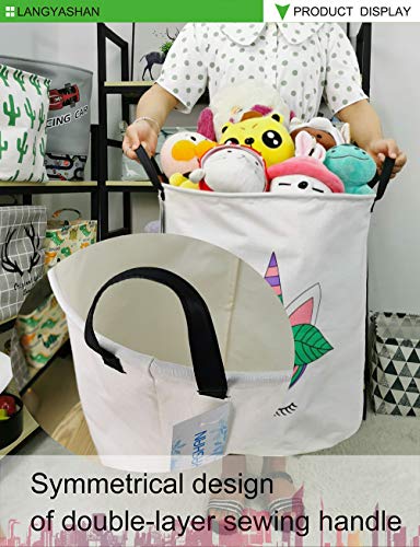 LANGYASHAN Laundry Basket Canvas Fabric Collapsible Organizer Basket for Storage Bin Toy Bins Gift Baskets Bedroom Clothes Children Nursery Hamper (Leaf Unicorn)