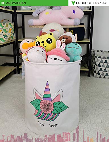 LANGYASHAN Laundry Basket Canvas Fabric Collapsible Organizer Basket for Storage Bin Toy Bins Gift Baskets Bedroom Clothes Children Nursery Hamper (Leaf Unicorn)