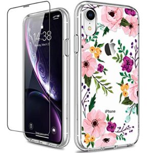 giika iphone xr case with screen protector, clear heavy duty protective case floral girls women shockproof hard pc back case with slim tpu bumper cover phone case for iphone xr, small flowers
