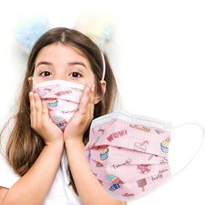 wudida 50pcs kids cute face mask ages 5-12 children breathable 3ply elastic earloop disposable face masks with cartoon print. perfect for girls.