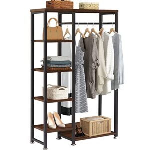 vecelo free-standing heavy duty vintage closet/storage organizer for bedroom clothes garment rack with shelves and hanging rod, dark brown