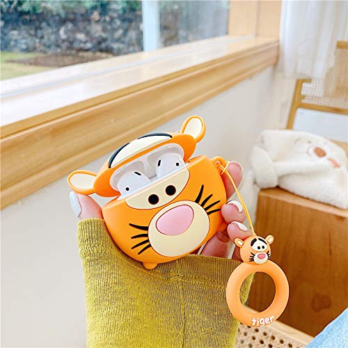 Cute AirPod Case Cover for Apple AirPods 1 2 with Loop Soft Silicone Winnie The Pooh Tigger Orange Tiger 3D Cartoon Cute Lovely Chic Adorable Kids Girls Boys Son Daughter