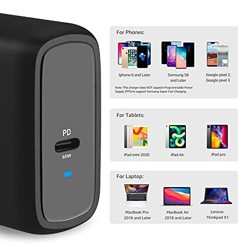 Amazon Basics 65W One-Port GaN USB-C Wall Charger with Power Delivery PD for Laptops, Tablets and Phones (iPhone 14/13/12/11/X, iPad, MacPro, Samsung, and more)-Black (non-PPS)