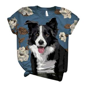 womens short sleeve t shirt pet dog printed o-neck t-shirt blouse cute graphic tee tops black