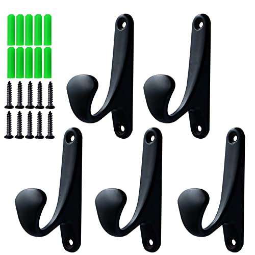 KERYUM(5-Pack) Heavy Mounted Single Wall Hooks, Backpack Hooks, Entryway Hooks,Towels Hooks, Patios Hooks,Coat Hooks (Matching Screws & Plastic Anchors Included) (Flat Black)