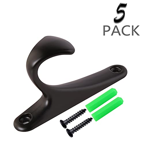 KERYUM(5-Pack) Heavy Mounted Single Wall Hooks, Backpack Hooks, Entryway Hooks,Towels Hooks, Patios Hooks,Coat Hooks (Matching Screws & Plastic Anchors Included) (Flat Black)