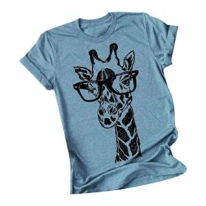 women's t shirt animal graphic short sleeve summer blouse cute giraffe printed t-shirt tops blue