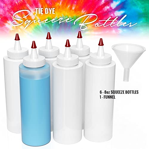 Pixiss Tie Dye Squeeze Bottles (8-Ounce) 6-Pack and Funnel for Creative Tie Dying Accessory Kit