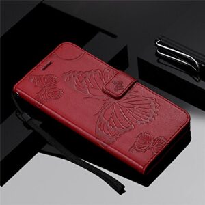 EMAXELER Redmi Note 9 Pro Case Shockproof PU Leather Retro Butterfly Embossed Wallet Flip Case Magnetic Stand with Card Slot Folio Cover for Xiaomi Redmi Note 9 Pro Butterfly Red KT