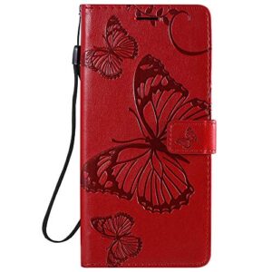 EMAXELER Redmi Note 9 Pro Case Shockproof PU Leather Retro Butterfly Embossed Wallet Flip Case Magnetic Stand with Card Slot Folio Cover for Xiaomi Redmi Note 9 Pro Butterfly Red KT
