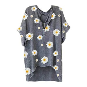 women's tunic tops short sleeve daisy printed v-neck loose t-shirt cotton linen blouse gray