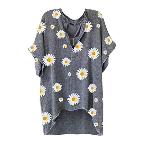 Women's Tunic Tops Short Sleeve Daisy Printed V-Neck Loose T-Shirt Cotton Linen Blouse Gray