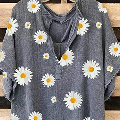 Women's Tunic Tops Short Sleeve Daisy Printed V-Neck Loose T-Shirt Cotton Linen Blouse Gray