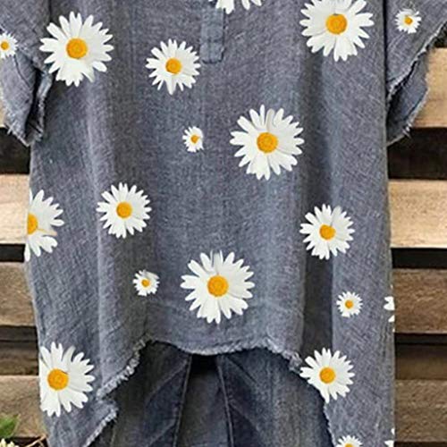 Women's Tunic Tops Short Sleeve Daisy Printed V-Neck Loose T-Shirt Cotton Linen Blouse Gray