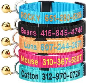 personalized cat collar with bell,custom cat collars with name and phone number adjustable nylon embroidered id collar for cat with breakaway safety release buckle