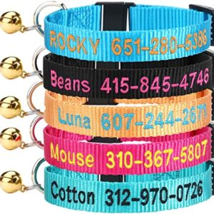 Personalized Cat Collar with Bell,Custom Cat Collars with Name and Phone Number Adjustable Nylon Embroidered ID Collar for Cat with Breakaway Safety Release Buckle