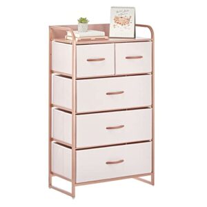 mdesign tall dresser storage chest - vanity furniture cabinet tower unit for bedroom, office, and closet - textured print - 5 removable drawers - pink/rose gold