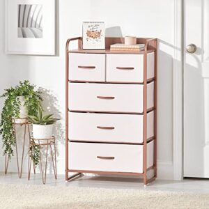 mDesign Tall Dresser Storage Chest - Vanity Furniture Cabinet Tower Unit for Bedroom, Office, and Closet - Textured Print - 5 Removable Drawers - Pink/Rose Gold