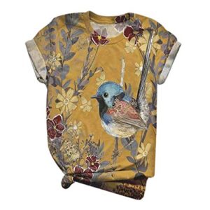 women's short sleeve t shirt flower print o-neck t-shirt blouse casual vintage graphic tee tops yellow