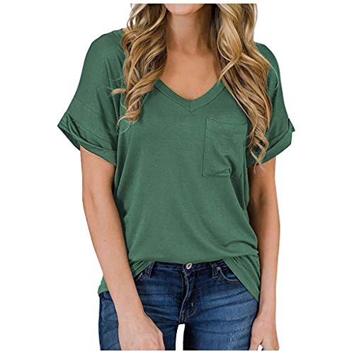 Womens Tunic Tops V-Neck Short Sleeve T-Shirt Solid Loose Blouse T-Shirts with Pocket Green