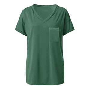 Womens Tunic Tops V-Neck Short Sleeve T-Shirt Solid Loose Blouse T-Shirts with Pocket Green