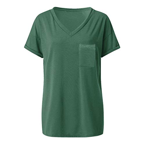 Womens Tunic Tops V-Neck Short Sleeve T-Shirt Solid Loose Blouse T-Shirts with Pocket Green