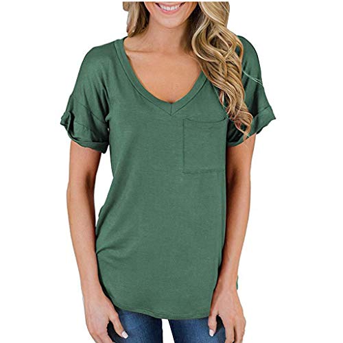 Womens Tunic Tops V-Neck Short Sleeve T-Shirt Solid Loose Blouse T-Shirts with Pocket Green