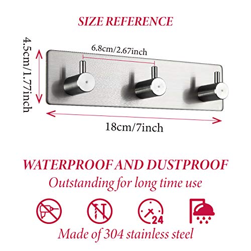 Greilty 3 Hooks, Self AdhesiveWall Mounted Hanger, Super Strong Heavy Duty Stainless Steel Hooks, No Drill No Screw,for Kitchen Bathroom Closet Room Office Door (Silver, 7 inch/18cm)