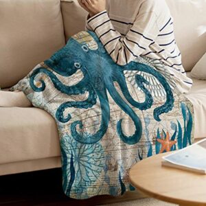 Octopus Plush Throw Bed Blanket for Kids Adults Kraken Mediterranean Style Coastal Theme Super Soft Cozy Luxurious Blanket Lightweight Fleece Blankets for Couch Bed Sofa Warm All Season 40×50inch