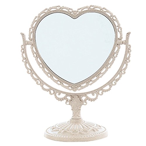 XPXKJ 7" Heart Shaped Mirror Tabletop Vanity Makeup Mirror with 3X Magnification DoubleSided Rotatable Dresser Mirror Bathroom Bedroom Dressing Beauty Mirror (HeartShaped, Beige)