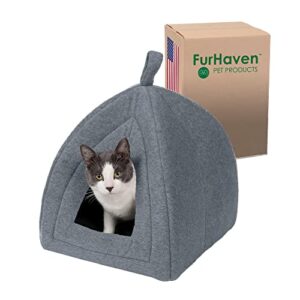 furhaven small cat bed polar fleece foldable pet tent, washable - heather gray, small