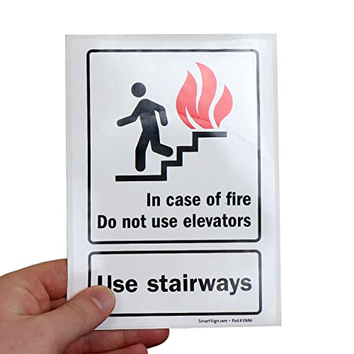 SmartSign (Pack of 4) 7 x 5 inch “in Case of Fire Do Not Use Elevators, Use Stairways” Sticker Labels with Symbol, 5 mil Laminated Polyester with SuperStick Adhesive, Red, Black and White