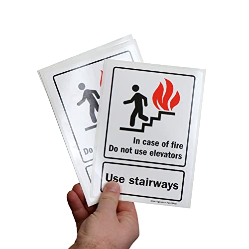 SmartSign (Pack of 4) 7 x 5 inch “in Case of Fire Do Not Use Elevators, Use Stairways” Sticker Labels with Symbol, 5 mil Laminated Polyester with SuperStick Adhesive, Red, Black and White