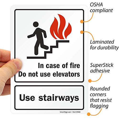 SmartSign (Pack of 4) 7 x 5 inch “in Case of Fire Do Not Use Elevators, Use Stairways” Sticker Labels with Symbol, 5 mil Laminated Polyester with SuperStick Adhesive, Red, Black and White