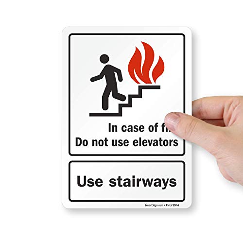 SmartSign (Pack of 4) 7 x 5 inch “in Case of Fire Do Not Use Elevators, Use Stairways” Sticker Labels with Symbol, 5 mil Laminated Polyester with SuperStick Adhesive, Red, Black and White