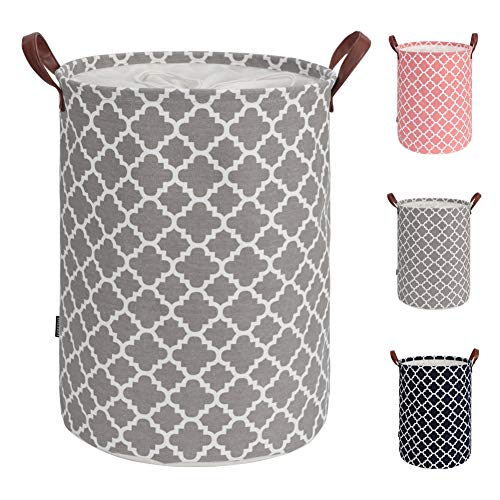 TOTANKI 48L Thickened Large Sized Laundry Basket with Durable Leather Handle, Drawstring Round Cotton Linen Collapsible Storage Basket,Dirty Clothes Hamper for Bedroom (Gray, L)