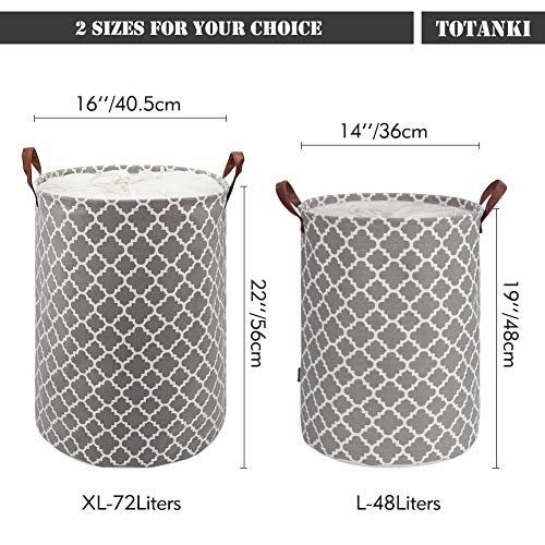 TOTANKI 48L Thickened Large Sized Laundry Basket with Durable Leather Handle, Drawstring Round Cotton Linen Collapsible Storage Basket,Dirty Clothes Hamper for Bedroom (Gray, L)