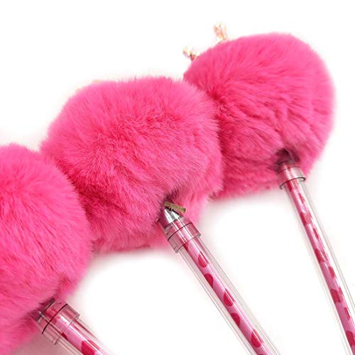 Needle Gel Ink Pens 5 PCS Pom Pom Pen Fluffy Pink Pompoms Plastic Rollerball Pen Signature Ball Point Pens Cartoon Ball Pen for Kids Children Students Women