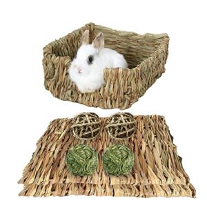 hamiledyi rabbit grass bed,natural handmade hay mat chew balls for rabbit gerbil chinchilla guinea pig ferret other small animals(7 pcs)