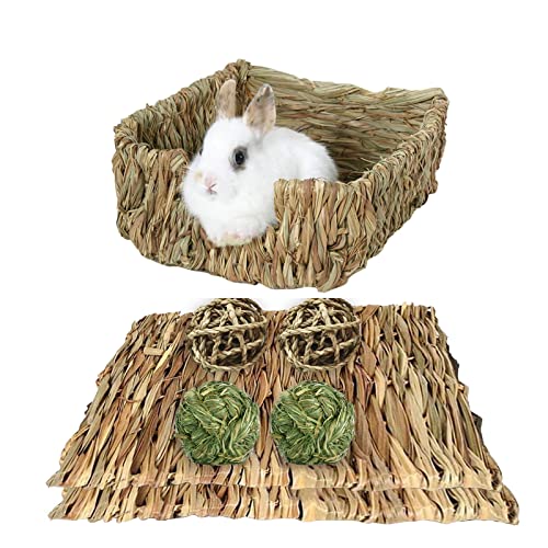 Hamiledyi Rabbit Grass Bed,Natural Handmade Hay Mat Chew Balls for Rabbit Gerbil Chinchilla Guinea Pig Ferret Other Small Animals(7 Pcs)