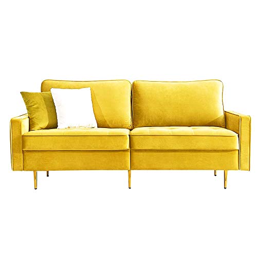 Danxee Loveseat Sofa Living Room Sofa with 2 Throw Pillows Modern Sofa Couch Velvet Fabric Golden Metal Legs 3 Seats 71 inch Wide (Yellow)