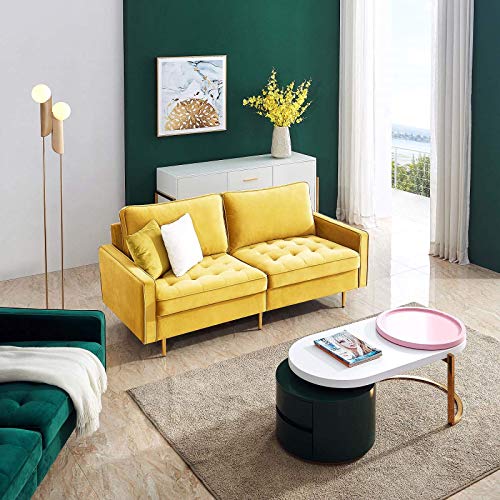 Danxee Loveseat Sofa Living Room Sofa with 2 Throw Pillows Modern Sofa Couch Velvet Fabric Golden Metal Legs 3 Seats 71 inch Wide (Yellow)