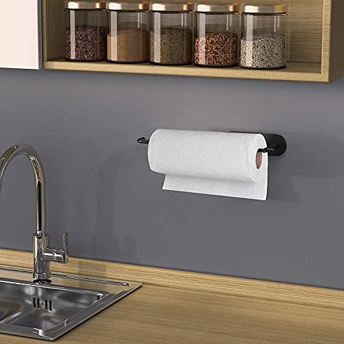 HUFEEOH Adhesive Paper Towel Holder Under Cabinet Wall Mount for Kitchen Paper Towel, Paper Towel Roll Rack for Bathroom Towel, SUS304 Stainless Steel (13 1/5inch, Black)